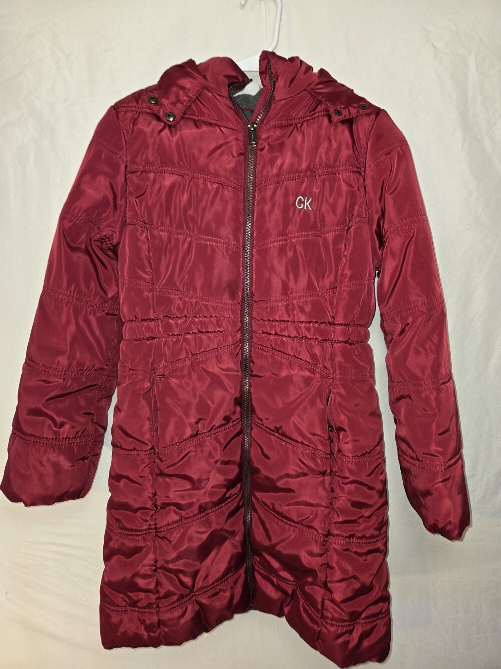 Calvin Klein Jeans US Girls Size L Redberry Hooded Puffer Coat Faux Fur Trim
